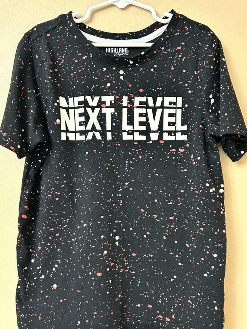NEXT LEVEL Splatter Graphic Tee - Black with White & Red Speckles